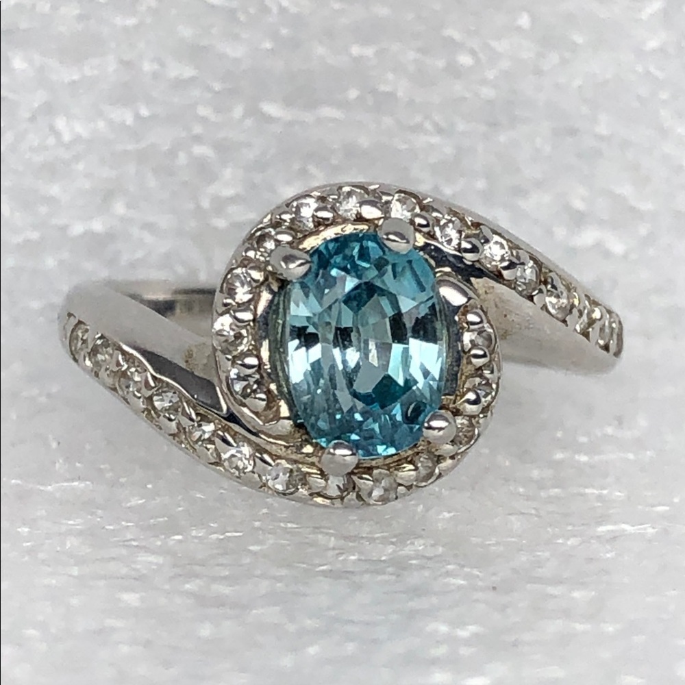 Blue Topaz Ring With Clear Stone Halo Sterling Silver Size 6 Dainty Feminine